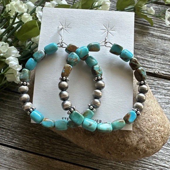 Sterling Silver Blue Green Turquoise Oxidized Pearls Bead Hoop Earrings 2.6 Inch - Picture 3 of 12